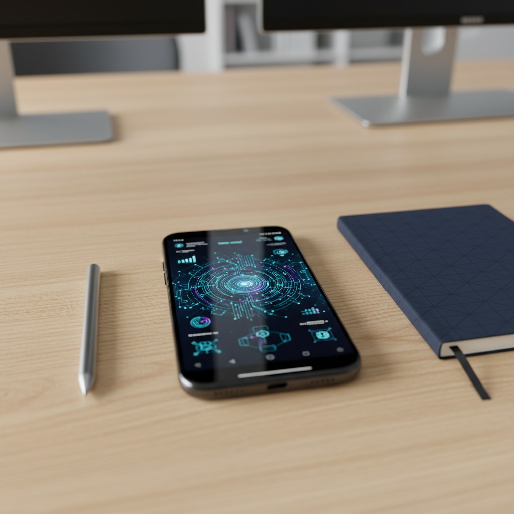 Smartphone displaying futuristic AI interface on wooden desk, representing digital productivity.